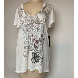 Key Closet Shirt Womens M Owl Tee Tshirt Top Swarovski NEW thin semi sheer Y2K